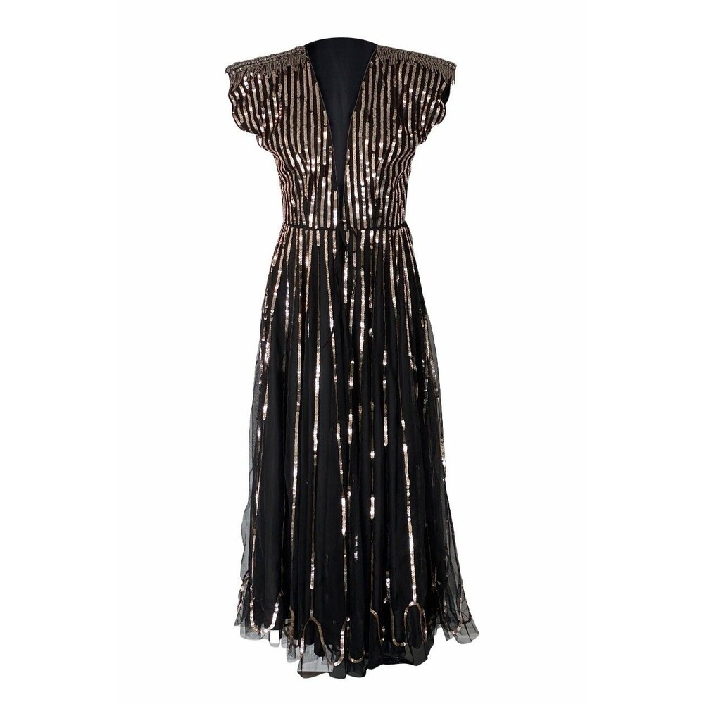 SETA Sarkisian Dress Small NWT Black Gold Sequin Embellished Deep V Maxi Gown - Picture 1 of 16